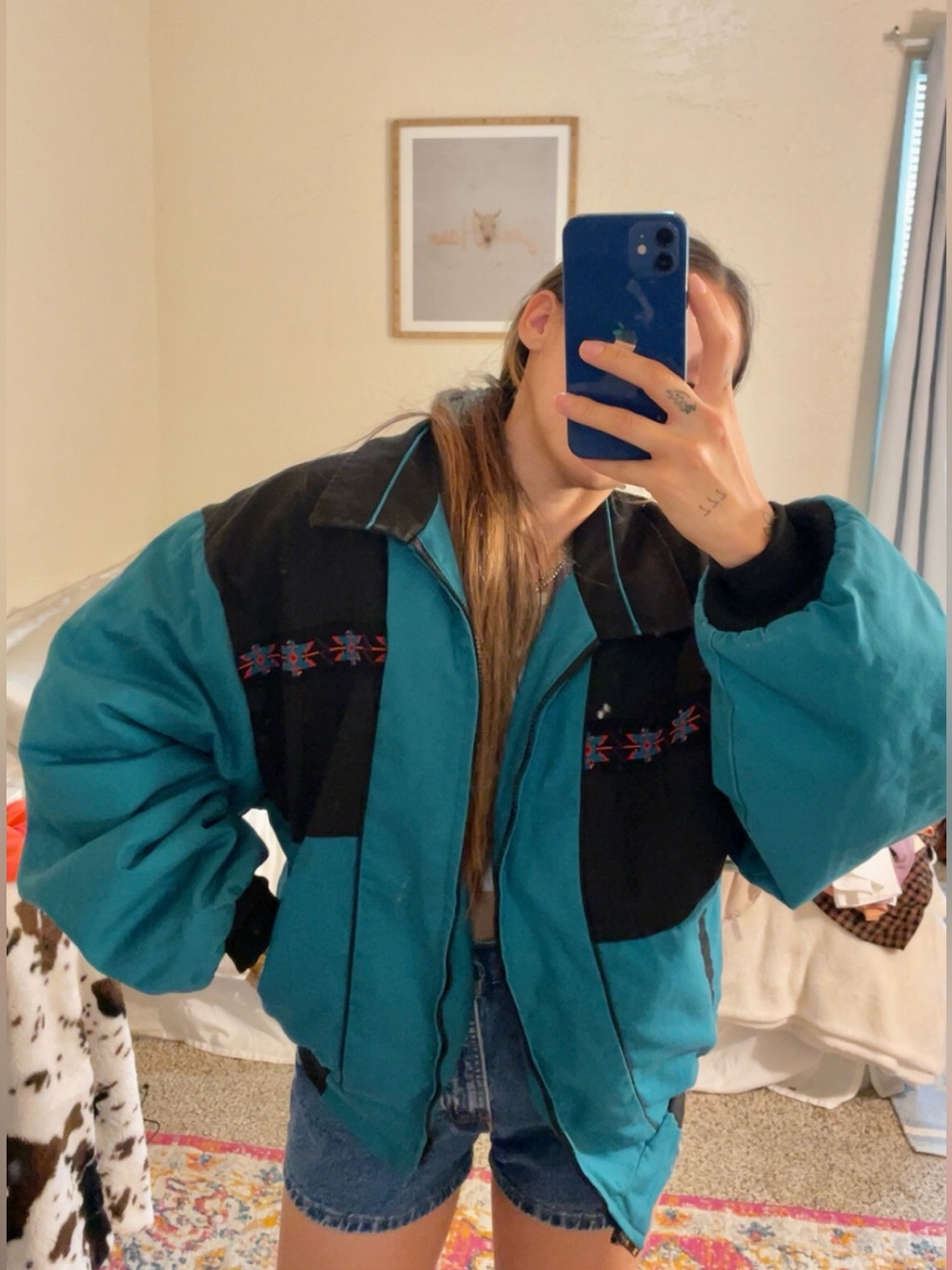90s Vintage Western Teal and Black Bomber